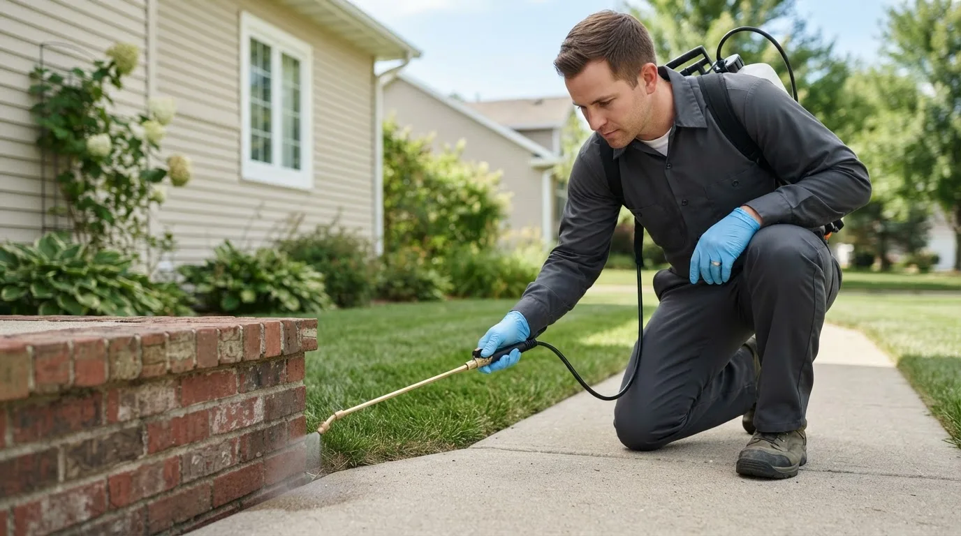 Pest control technician treating a home near Hamden, NY