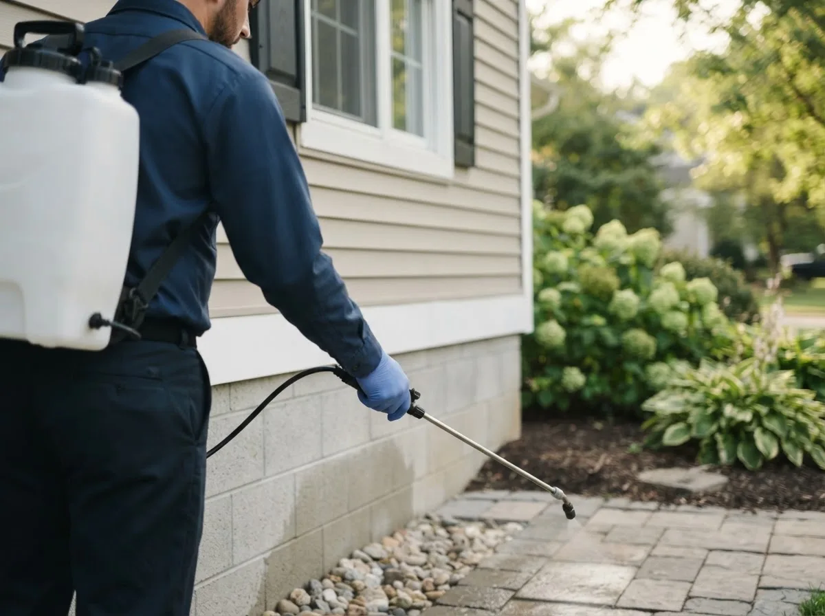 Pest control technician inspecting a home in Hamden, NY